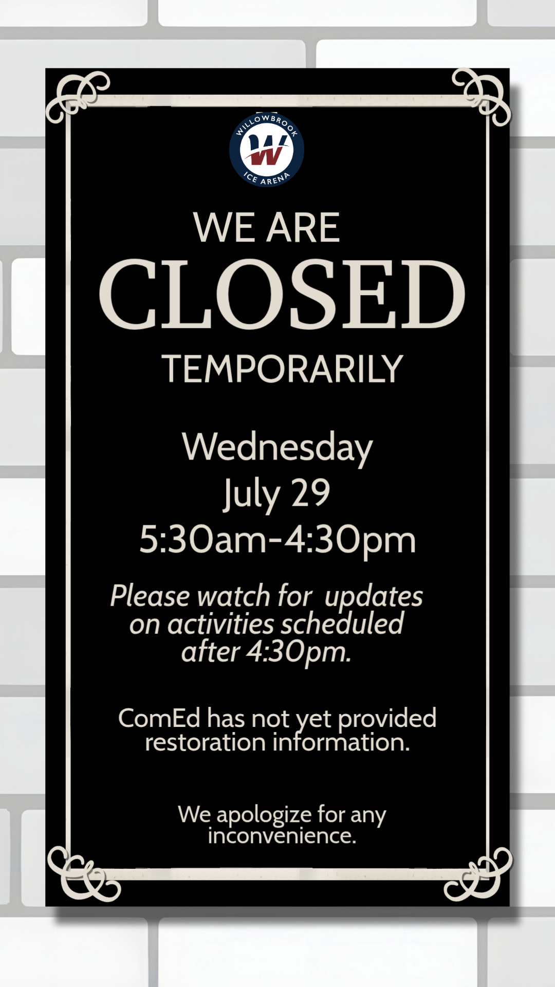 RINK CLOSED 7/29 5:30am-4:30pm. PLEASE WATCH FOR INFO ON ACTIVITIES AFTER 4:30pm